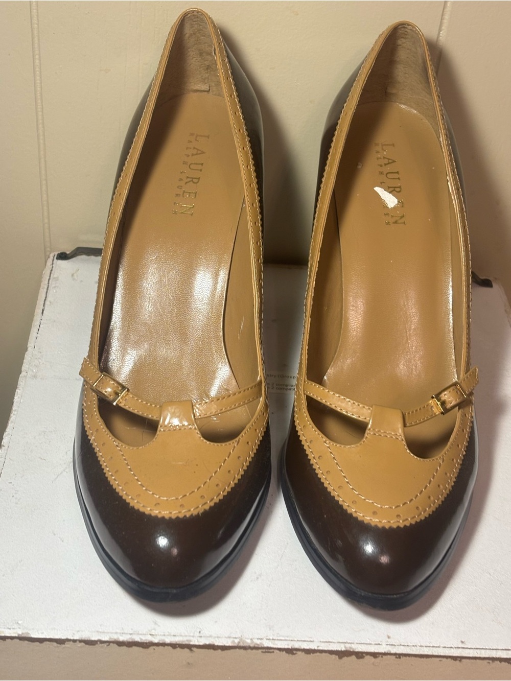 Lauren Ralph Lauren Brown and Tan Mary Jane Heeled Pumps - Picture 3 of 11